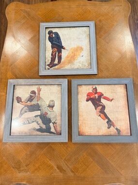 Set of 3 Vintage Sports Wall Art Prints in Gray Wood Frames